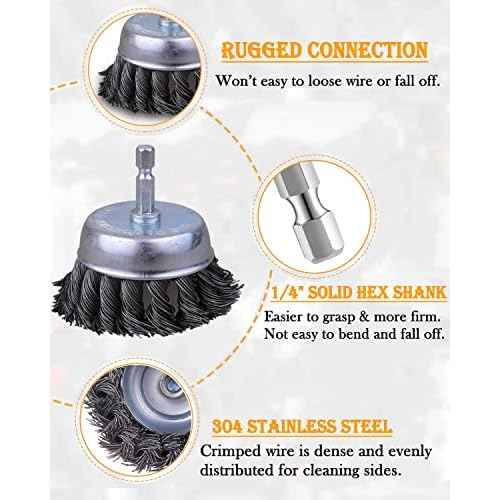 3 Inch Knotted Wire Cup Brush Set, 4PCS Wire Brush for Drill with 1/4'' Hex Shank, Drill Wire Brush Attachment, Suitable for Removing Rust/Corrosion/Paint - Extend Life & Reduced Wire Breakage