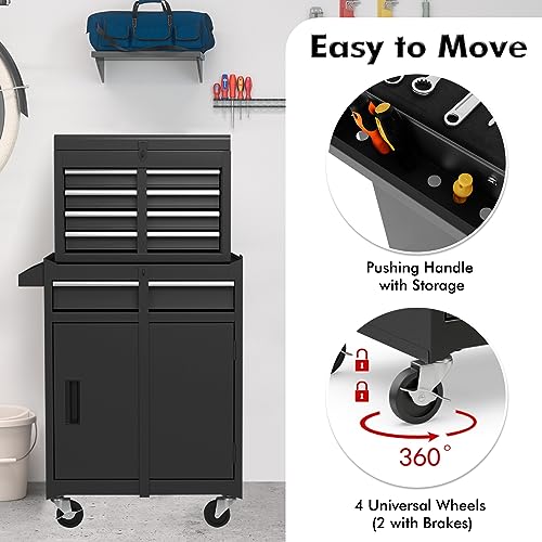 Goplus 5-Drawer Rolling Tool Chest with Detachable Top Box - Black, Lockable Wheels & EVA Liner