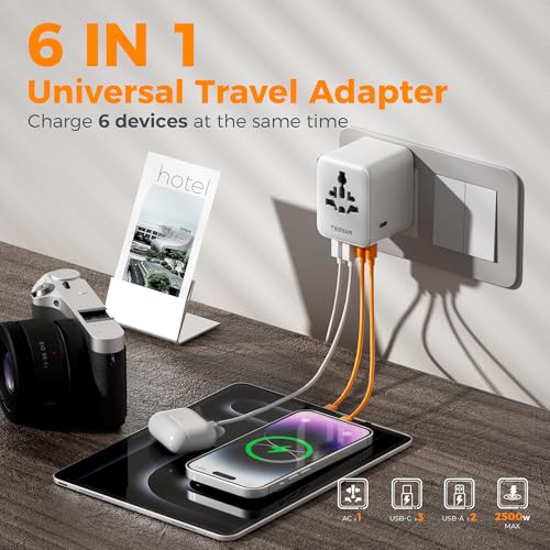 TESSAN Grey White Universal Travel Adapter 28W with USB-C & USB Ports