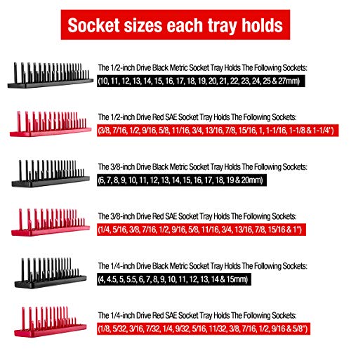 6PCS Socket Organizer Tray Set, Red SAE & Black Metric Socket Storage Trays, 1/4-Inch, 3/8-Inch & 1/2-Inch Drive Deep and Shallow Socket Holders for Toolboxes