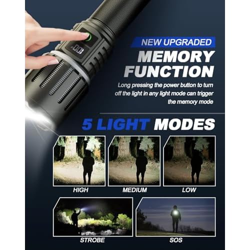 Victoper Rechargeable Flashlight, Titanium 5 Modes Zoomable Flash Light, Bright Real 1500 High Lumens Flashlights, LED Power Display Tactical Flash Lights Holster for Camping Hunting Essential Men