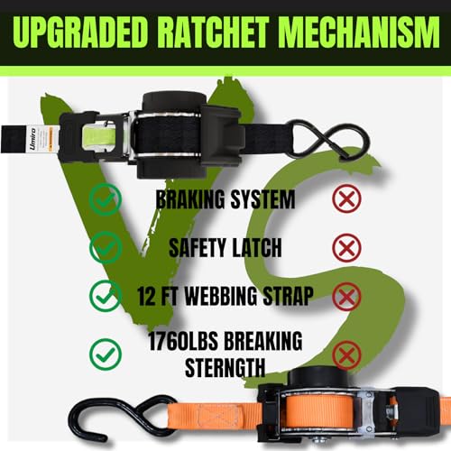 UMIRO Black-Green 2 Pack Heavy Duty 1x12ft Retractable Ratchet Straps for Cargo & Vehicles