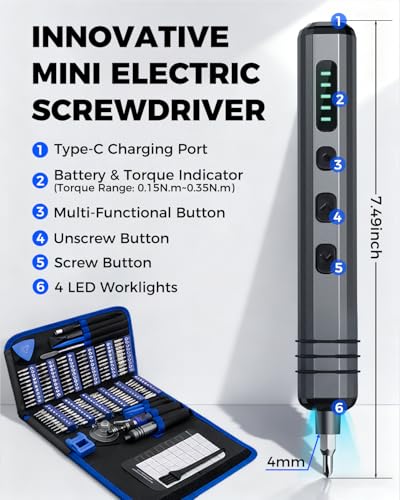 UnaMela Blue 140-in-1 Mini Electric Screwdriver Set, Cordless Precision Tool