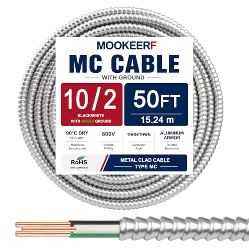 50FT 10/2 MC Cable with Ground - Pure Copper 10AWG Aluminum Armor for Electrical Wiring