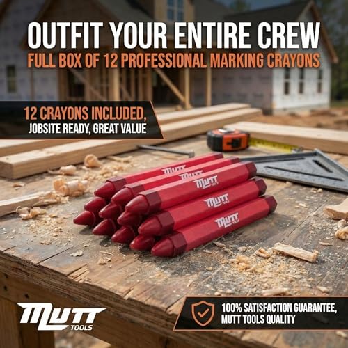 Red Lumber Crayons 12 Pack - Mutt Tools Construction Crayons, Hexagon Grip