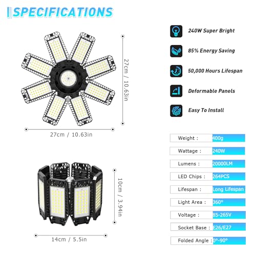 LAMLAMCK 8+1 Panel 240W LED Garage Light Ceiling Fixture - Daylight 6500K
