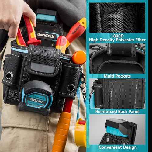 DuraTech Tool Pouch with Belt Clip, Electrician Tool Pouch with Tape Measure Holder & Hammer Loop, Quick Release Buckle, Expandable Support Frame, Ideal for Construction, Carpentry and Handyman Use