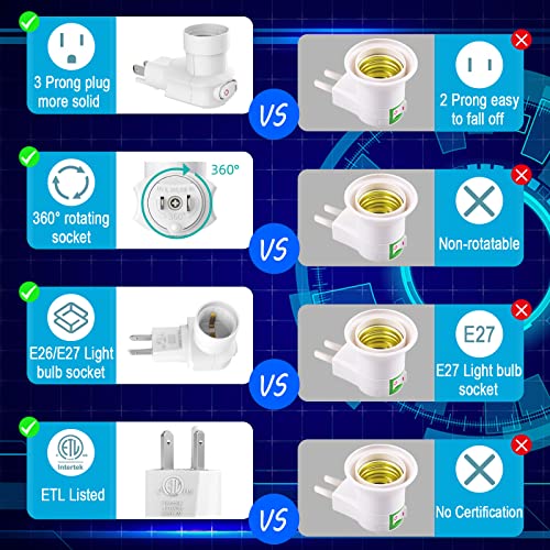 MIKWOAB 2 Pack White Outlet to Socket Adapter with 360° Rotatable E26/E27 Light Socket and On/Off Switch - Light Socket Version