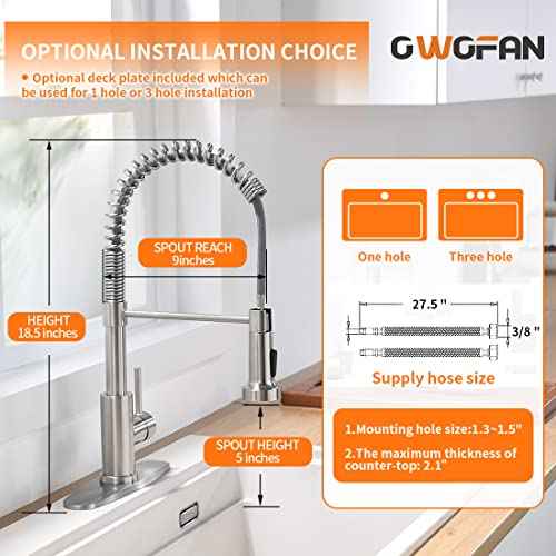 OWOFAN Kitchen Faucet with Pull Down Sprayer Brushed Nickel Stainless Steel 1 Handle Pull Out Spring Sink Faucets 1 Hole Or 3 Hole Dual Function for Farmhouse Camper Laundry Utility Rv Wet Bar