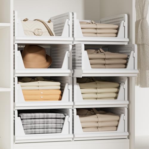 Stackable Closet Storage Bins with Open Front - Large Organizers for Wardrobe & Linen Shelves
