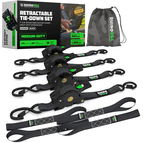 Rhino USA Retractable Ratchet Straps 4-Pack - 1in x 10ft Black, Heavy Duty