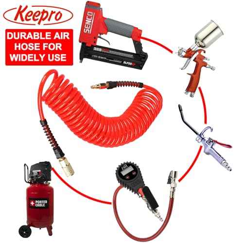 Keepro Polyurethane Recoil Air Hose, 1/4 Inch ID By 25 Feet Long Air Compressor Hose with Repairable Solid Brass 1/4" Industrial Quick Coupler and Plug, 145 PSI Maximum Pressure, Red