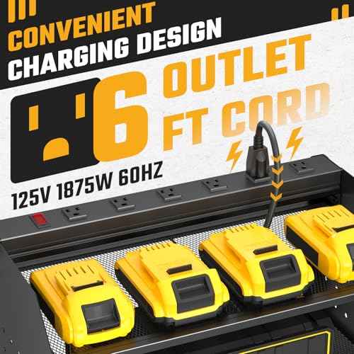 Power Tool Organizer Wall Mount, 3 Layer Charging Station with 6 Outlets, 4 Drill Holders and Drill Bit Rack, Tool Holder Storage Shelf Rack for Garage, Workbench and Workshop, Black