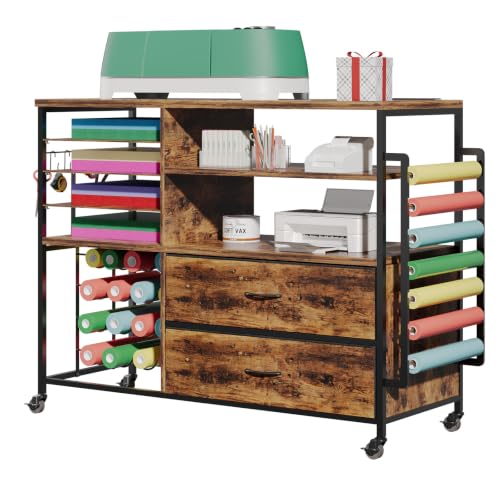 IBLUCTRY Rustic Brown Rolling Craft Storage Cart with Power Outlets & Vinyl Roll Holders