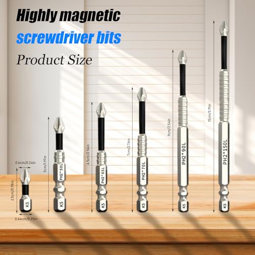 6 Pack High Magnetic Screwdriver Drill Bit Set, k5 Anti Slip bit, Electric Precision Screwdriver Set, 25 50 65 70 90 150mm