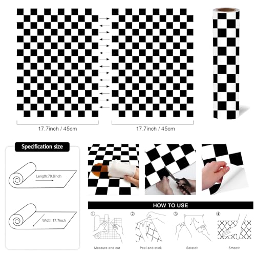 OSECAGE Black & White Checkered Peel and Stick Wallpaper 17.7"x78.8" - Modern Contact Paper