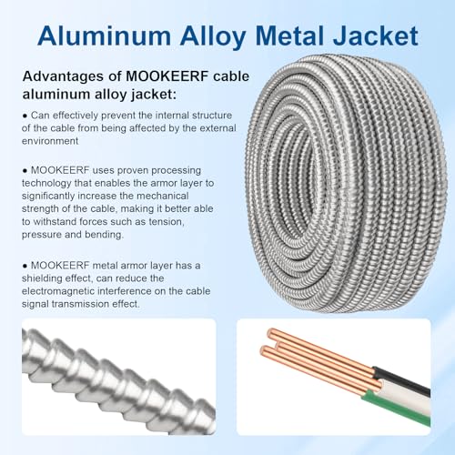 50FT 10/2 MC Cable with Ground - Pure Copper 10AWG Aluminum Armor for Electrical Wiring