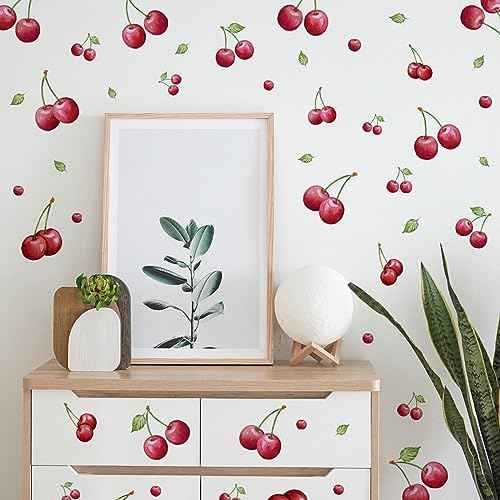 4 Sheets 96 Pieces Cherry Wall Decals Fresh Fruit Wall Stickers DIY Peel and Stick Green Leaf Cherry Wall Art Wallpaper for Bedroom Living Room Kid's Room Nursery Rental House Apartment Decoration