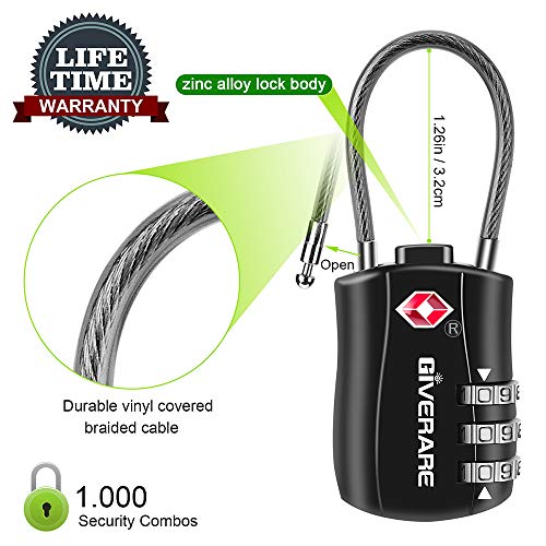 GIVERARE TSA Approved Combination Luggage Lock, Re-settable 3-Digit Padlock, Alloy Body, Keyless Travel Lock, 1 Pack Black