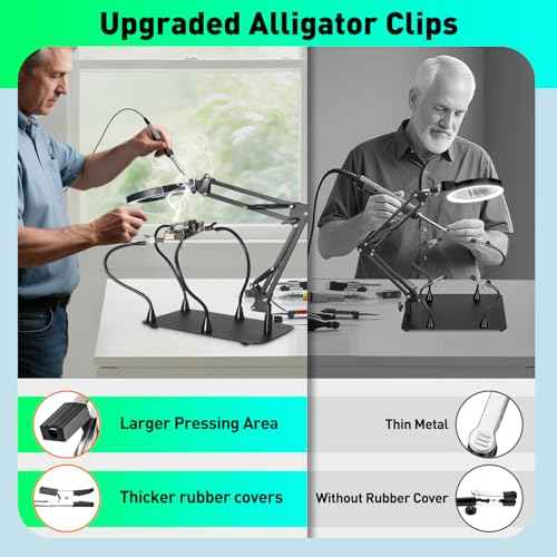10X Magnifying Glass with Light and Stand, KUVRS Magnetic Helping Hands Soldering Station, PCB Holder Magnifying Lamp, 3 Color Adjustable Arm Hands Free Magnifier with Light for Soldering Craft Hobby