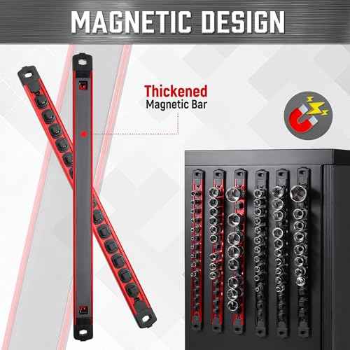 ALOANES 3/8-Inch Drive Magnetic Socket Organizer, Heavy Duty Aluminum Socket Rail Organizer, 360¡Æ Swivel Clips Socket Holder Kit for Tool Box, 3/8-Inch Socket Holder x 14 Clips (Red)