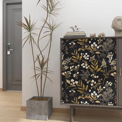 Laatse Vintage Floral Peel and Stick Wallpaper Black & Gold 17.5"x393" - Removable Wall Covering