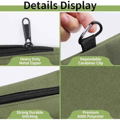 3 Pack Premium Tool Pouches Zipper Bag, 12 in Small Tools Bags with Carabiner, Heavy Duty Flat Bottom Utility Multipurpose Storage Organizer Bag for Tool, Stationary, Pencil (Tan, Navy Green, Black)