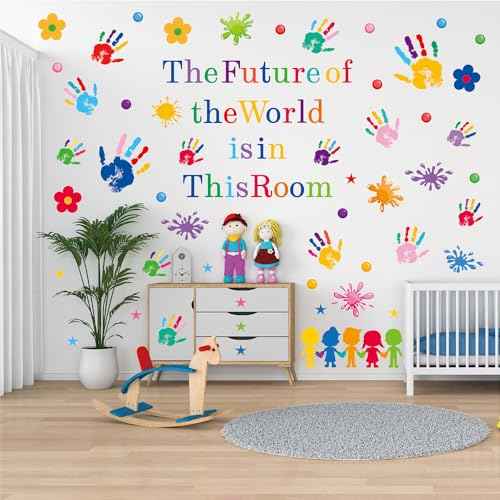 Classroom Wall Decals, 7 Sheets 86 PCS ? Handprints & Rainbow Quote ¡°The Future of the World is in This Room¡± ? Peel & Stick Removable Vinyl for Kids Room, Preschool, Daycare & Teacher Classroom Decor