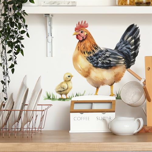 Rooster and Chick Wall Stickers, sacinora Watercolor Chicken Farm Idyllic Wall Decals Removable Vinyl Peel and Stick for Farmhouse Kitchen Dining Room Pantry Art Home Decorations