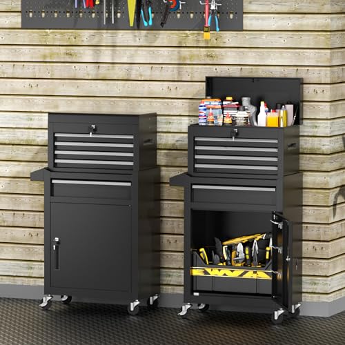 INTERGREAT 5-Drawer Rolling Tool Chest with Lockable Wheels, Detachable Top Box (Black) – High Capacity Garage Workshop Cabinet