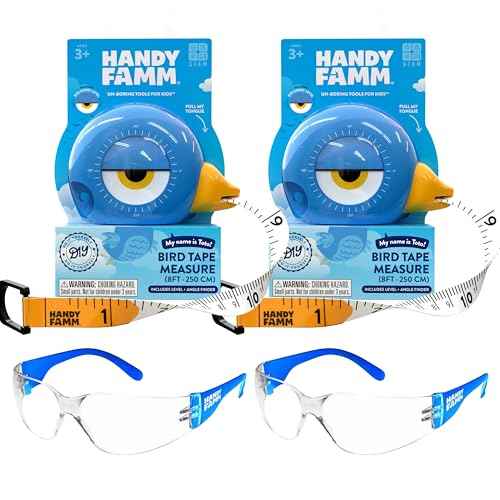 Handy Famm Blue Measuring Tape and Safety Glasses Double Bundle, 2 Lightweight Scratch Resistant Protective Eyewear for Children and 2 8Ft Animal Shaped Kids Tape Measurers