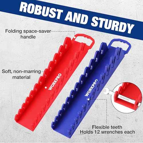 WORKPRO 2-Pack Magnetic Wrench Organizer, 12-Piece Gripper Wrench Holder for Stubby or Line Wrenches, Quality Wrench Rack Fits for SAE (1/4¡± to 15/16¡±) and Metric (6mm to 24mm), Flexible Teeth