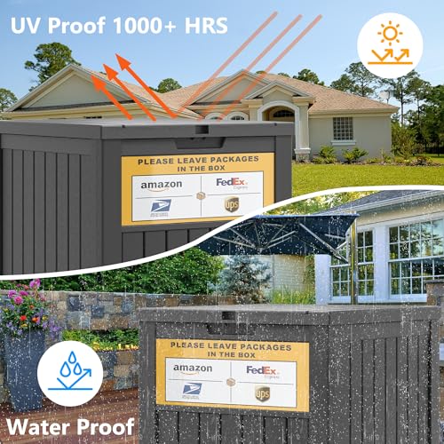 Black 48 Gallon Lockable Outdoor Package Delivery Box with Sign - Waterproof Resin Storage