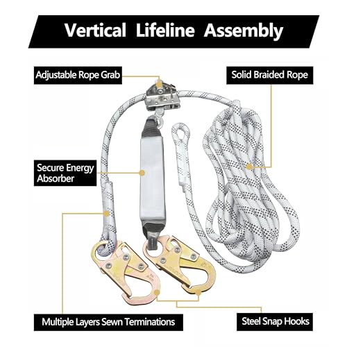 Rope Harness Safety Lanyard, 50ft Vertical Roofing Rope with Grab, Fall Protection Lanyard Tree Climbing Line Kit