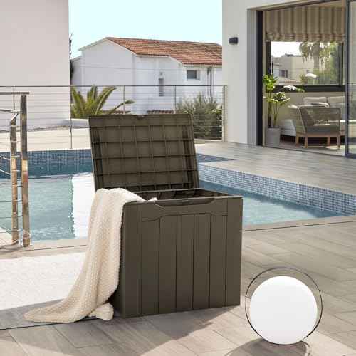 JUMMICO 31 Gallon Resin Deck Box Waterproof Indoor Outdoor Storage Boxes for Patio Furniture Cushions and Garden Tools (Brown)