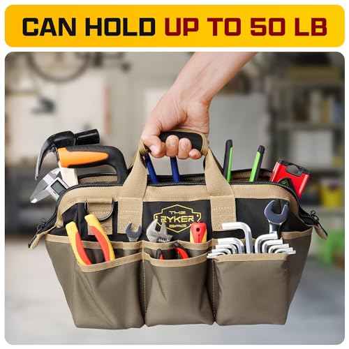 The Ryker Heavy Duty Tool Bags for Men/Women. 14 Inch Small Wide Mouth Mechanic/plumber/Contractor/Electrician Tool Bag Organizer 22Pockets Soft Portable Tools Bags Organizer Toolbag for plumbing