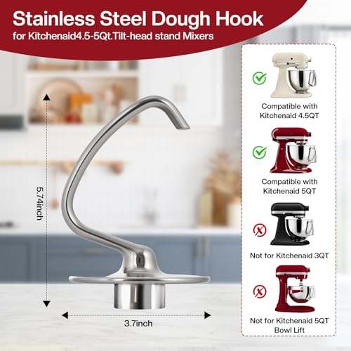 Mttobo Stainless Steel Dough Hook for KitchenAid 4.5–5 Qt Tilt-Head Mixers (K45DH) – Dishwasher Safe, Heavy-Duty Replacement