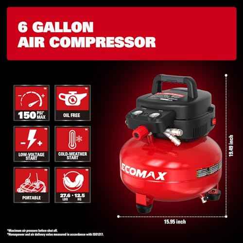 ECOMAX Air Compressor 6 Gallon 150 PSI Pancake Portable Oil-free Tank with 10 PCS Accessories Kit
