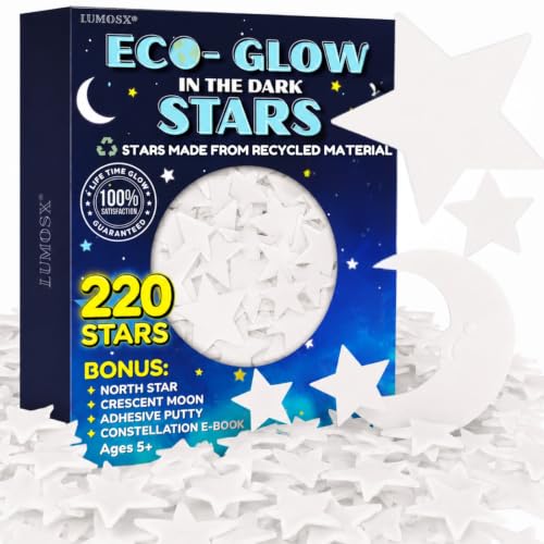 LUMOSX 220 pcs Glow in the Dark Ceiling Stars with Moon & North Star, Reusable Putty