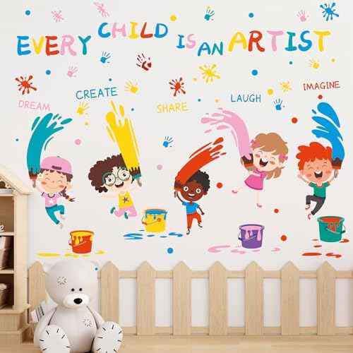 Colorful Kids Art Wall Decal, Every Child is an Artist Inspirational Quote, Paint Splash Design, Classroom Playroom Decoration (Colorful)