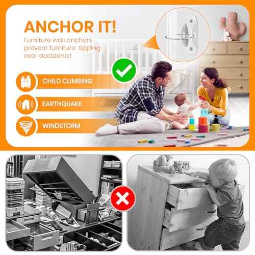 Furniture Anchors for Baby Proofing (10 Pack) Anti Tip Furniture Anchors Securing 400lbs,Wall Anchor Earthquake Straps Prevent Baby Pet from Falling Furniture Dresser & Bookshelf, White