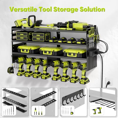 POKIPO Large Black Power Tool Organizer Wall Mount with Charging Station, 4 Layers, Heavy Duty Metal Supports 600lbs, 8 Drill Holders & Power Strip