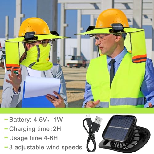 1 Set Sun Hard Hat Shade Full Brim Hard Hat Sun Visor with Solar Fans and Neck Sunshade Cover High Visibility Full Brim Mesh with Reflective Strip, Summer Protection Accessories(Fluorescent Yellow)