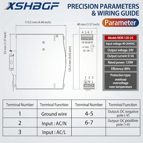 XSHBGF 120-24 24V DC Power Supply DIN Rail 120W 5A Switch Converter - Model NDR-120-24