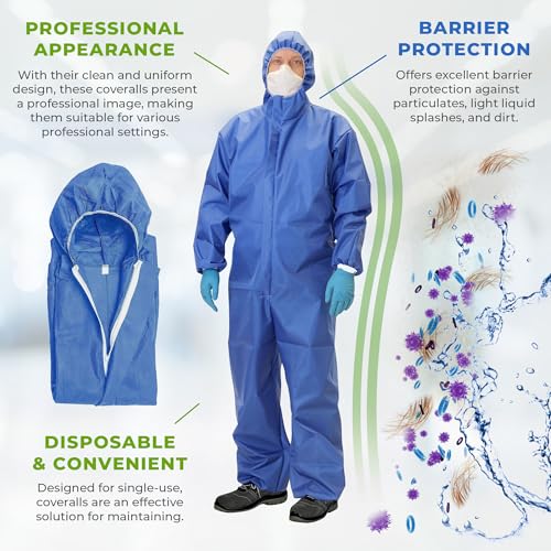 AMZ Medical Supply Blue Disposable Coveralls with Hood, Medium Size. Pack of 5 Hazmat Suits Disposable with Front Zip, Elastic Wrists & Ankles. 50 GSM SMS Painters Coveralls. Waterproof Paint Suit