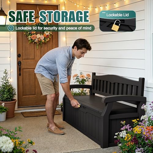 Devoko Waterproof Lockable 80 Gallon Storage Bench Deck Box Black - Outdoor Seating & Storage