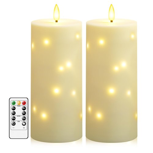 Sasigeiaa Waterproof Outdoor Candles with Timer & Remote - Battery Operated LED Candles, Realistic Flameless Plastic Pillar, Pack of 2 (4" D x 10" H, Ivory) for Patio, Garden Camping Rainy Weather
