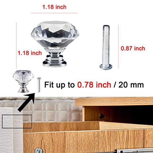 YourGift 12-Pack Diamond Crystal Glass Drawer Knobs 30mm Silver Cabinet Handles