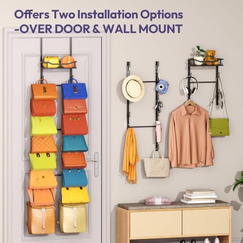 Black 9-Tier Over The Door Purse Organizer with 16 Hooks and Metal Basket