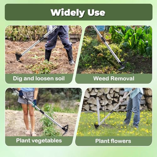 NICOFPHY Long Handle Weed Puller Tool with Heavy Duty Hoe & Rake